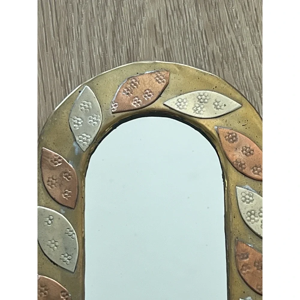 Vtg Moroccan Mini Mirror Handmade Brass Wall Hang Copper Silver Brass Arch 4.5